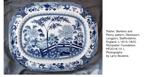 Platter; Bamboo and Peony pattern; Davenport, Longport, Staffordshire, England. c.1815-1825. Montpelier Foundation, MF2018.10.1, Photography by Larry Bouterie.
